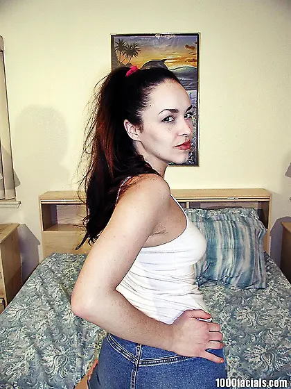 Slutty brunette gal Alexia Riley strips her clothes and slurps o