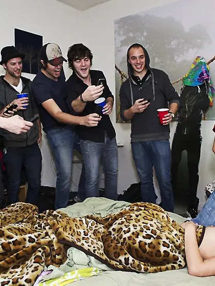 Haley Sweet and Casi James strips her lingerie on the bed and ge