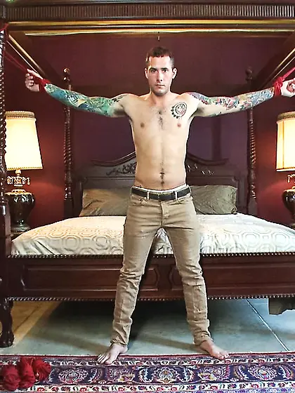 Tattooed hunk tied sucked