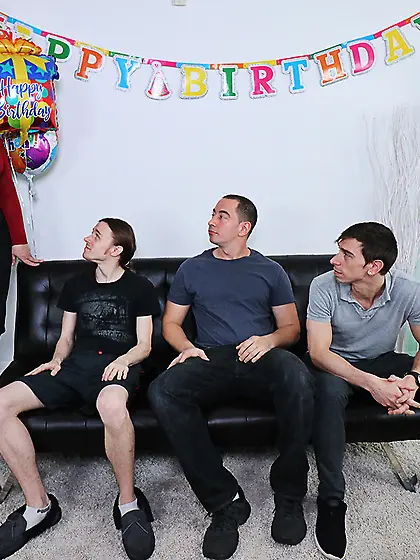 Three horny boys are all using her slutty mouth big time