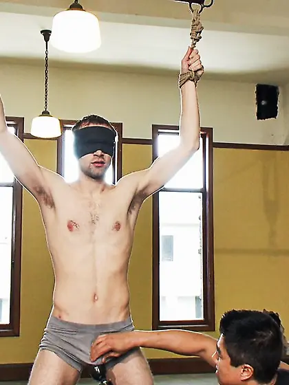 Gagged and tied up man with a big dick gets...