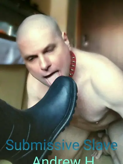 sniffing and licking dirty boot soles,  bdsm Andrew