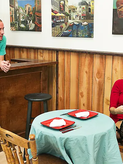 Naughty Scarlet Red seduced the waiter and enjoyed him fucking h