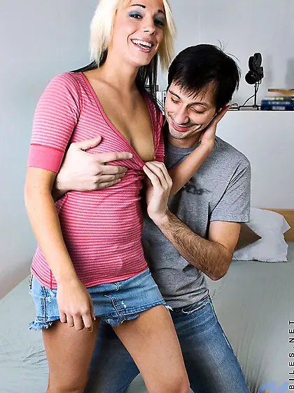 Blonde teen Kody Nubiles in blue jean miniskirt gets her ass che