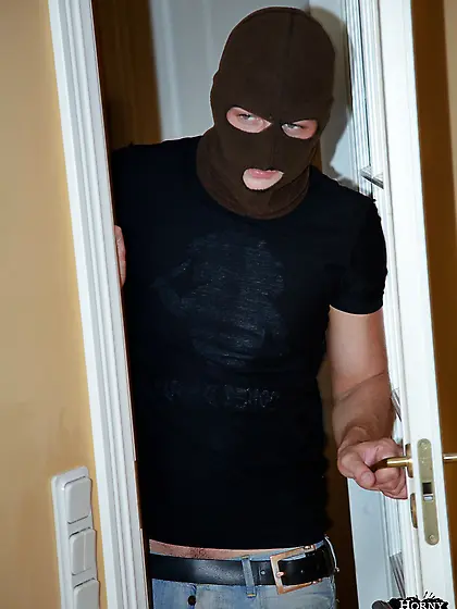 Cute teen Becky enjoys being stripped and fucked by two thieves