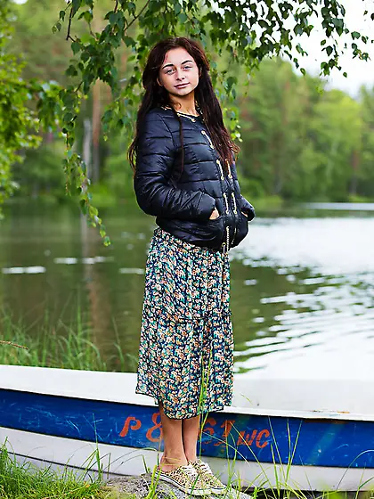 Brunette long floral gown