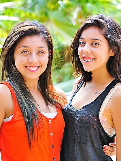 Brunette braces sister strip