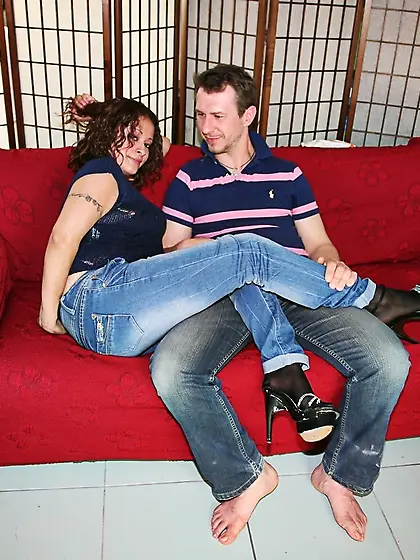 Nympho with a massive booty wears stockings and seduces a man