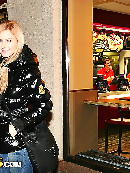 Very quickly,  he begins to fuck her in a public restroom