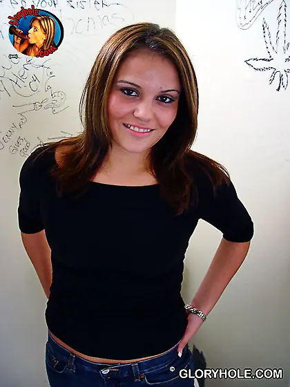 Lovely brunette finds gloryhole bathroom and decides to taste th