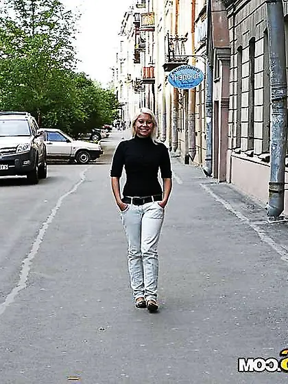 Towheaded woman picked up and pounded outdoor