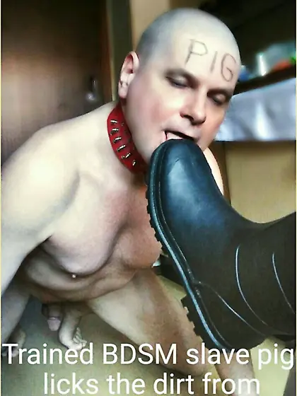 Andrew the fag slave licks boot soles from men