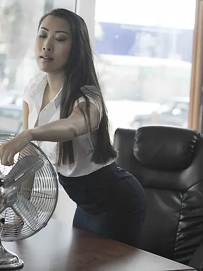 Busty Asian secretary getting fucked by a big-dicked window clea