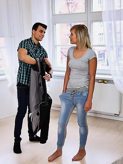 Loving couple moves to a new apartment and practices sex first o