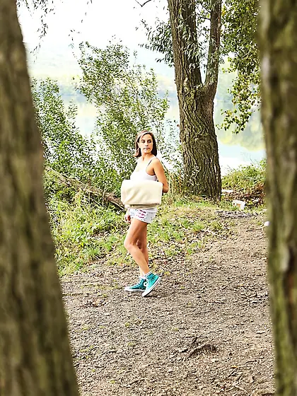 Girl comes to the forest and masturbates pussy without taking of