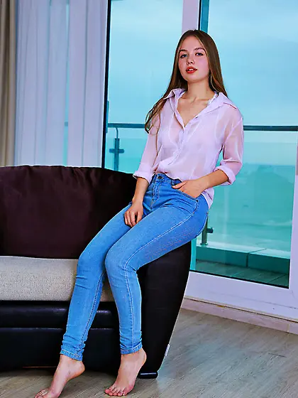 Teen shows off tits with pale nipples,  shaved pussy and nice ass