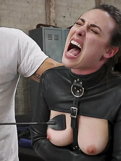 Bondage threesome sex in garage 