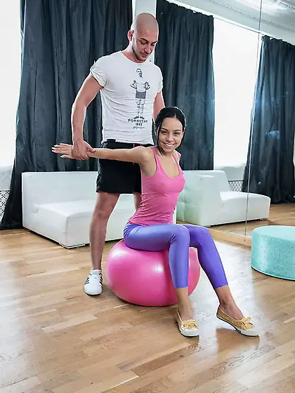 Bald yoga coach turns brunette on touching tits and fucks smooth