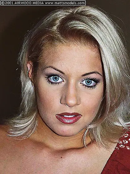 Blue eyed blonde Linda James removes her clothes and shows her p