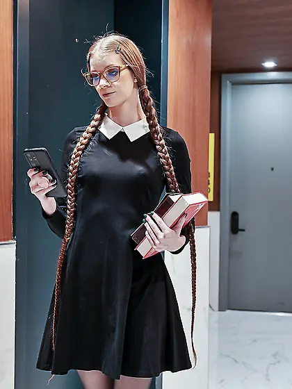 Long-haired bookworm with glasses gets fucked through the hole i