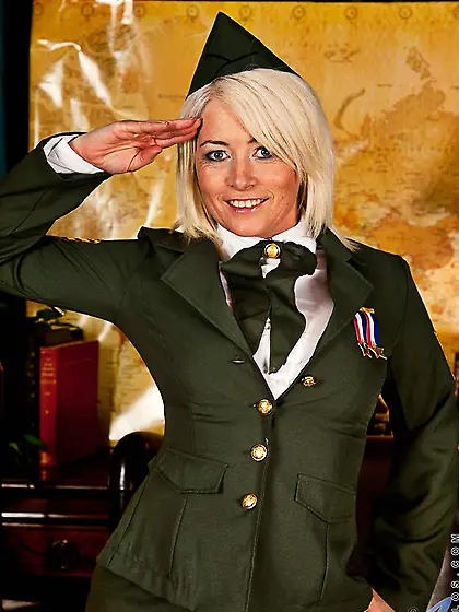 Sexy blonde milf in military uniform Amber Jewell stripping and
