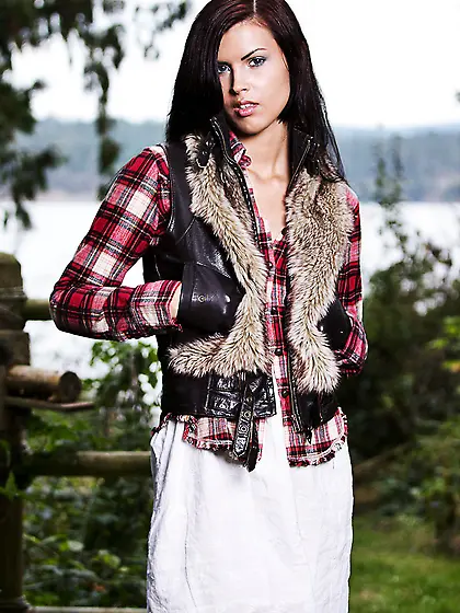 Beautiful brunette teen Amelia Talon strips her white dress and