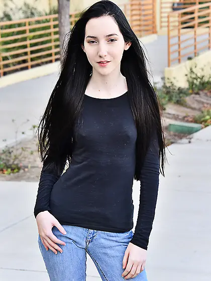 Innocent brunette with pale skin finds quiet spot perfect to pos