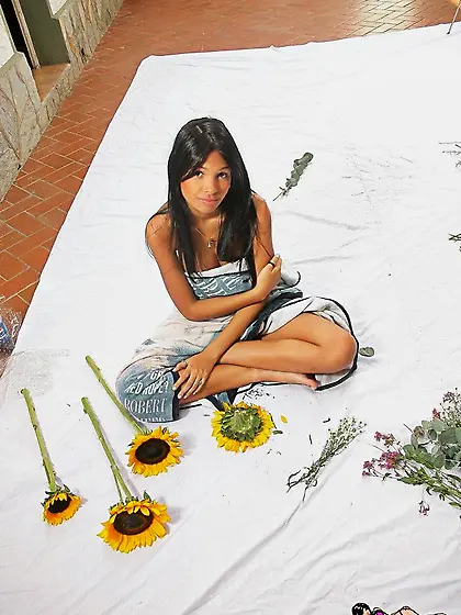 Hot tanned brunette Karla Spice with great puppies posing covere