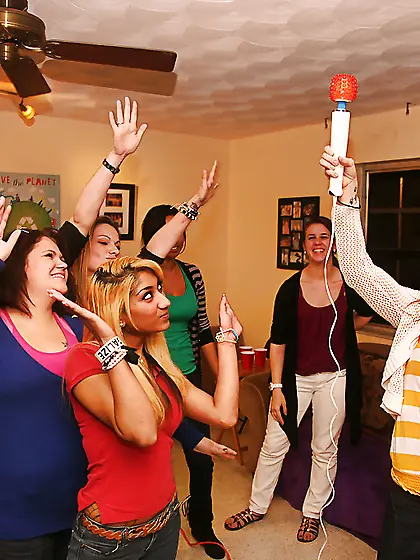 Lesbian orgy party features toy action