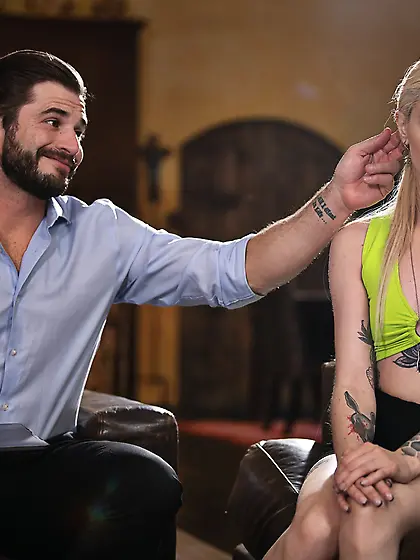 Lola Fae pleasures bearded dude on leather couch