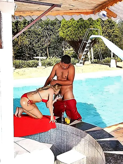 Latina blonde poolside