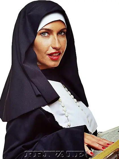 Naughty nun Sophie Evans shows off her bare butt and plays with