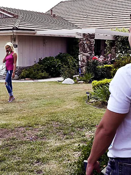 Big breasted blonde Breanne Benson dressed in blue gets her sexy