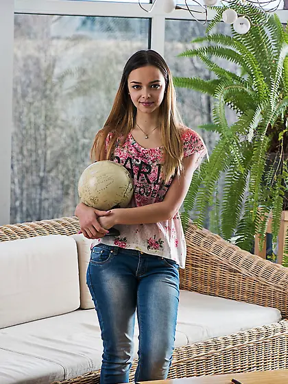 Curious sexpot Slava loves studying globe in living room being c