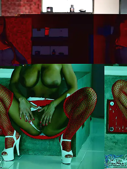 Busty brunette in red fishnet stockings Lisa Ann shows her milf