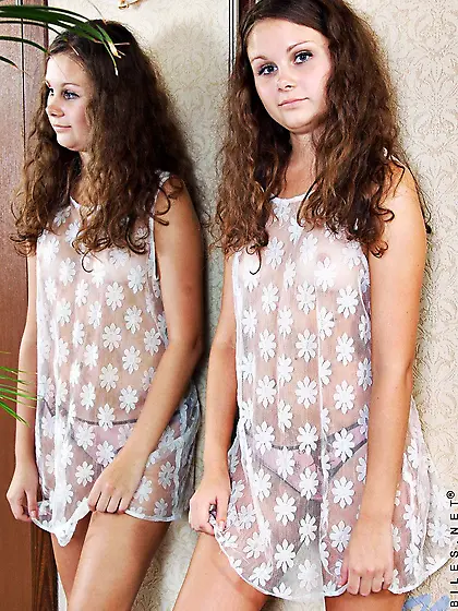 Teenage Stasya Nubiles takes off her transparent nightie and pan