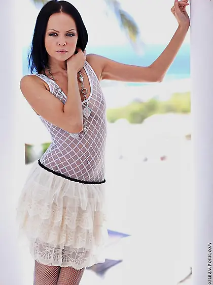 Sweet brunette girl in stockings Angellina Sapphic is showing he