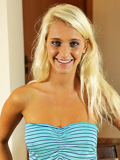 Blonde stretches lips drinks