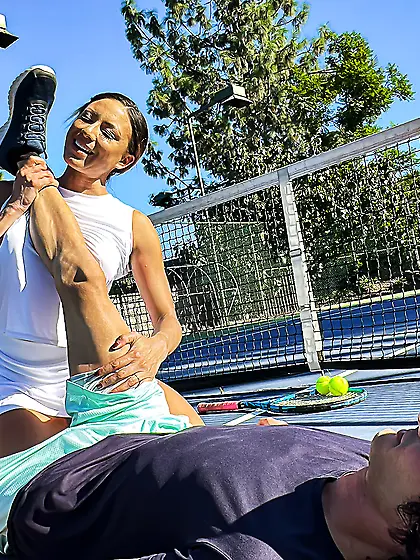 Dark-haired nymph with bubbly tits sucks and rides stepson's too