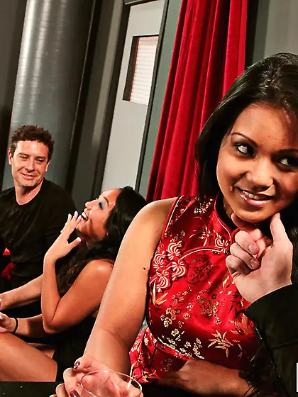 Asian doll Lana Violet gives exotic blowjob in front of another