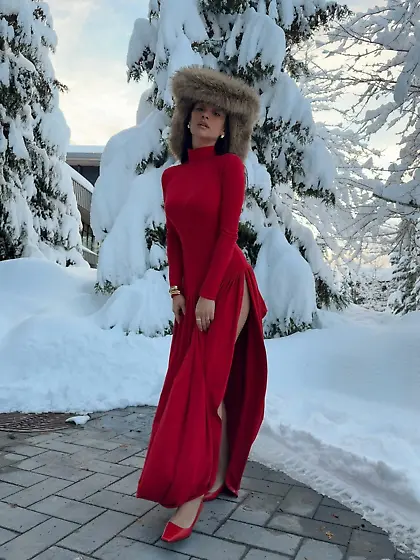 Shay Mitchell in red dress for Christmas
