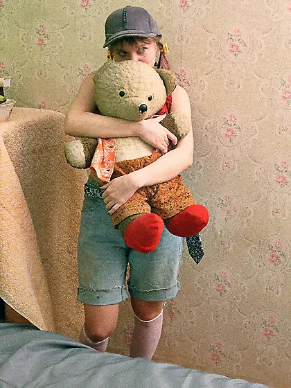 Teen blonde masturbates with her old bear toy