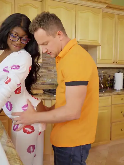 Small-tit ebony with glasses gets boned on leather couch