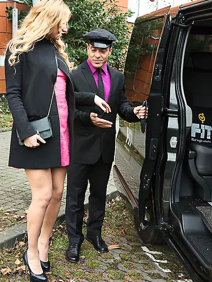 Leggy blonde in sexy panties fucks a short driver in the backsea