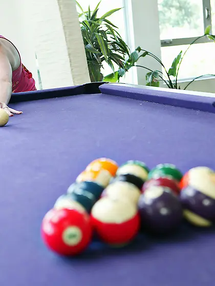 Brunette babe with a fine body gets used by a freaky pool player