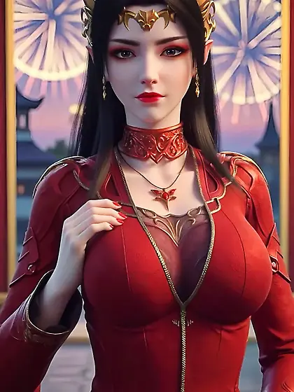 Queen Medusa sexy images in red dress.