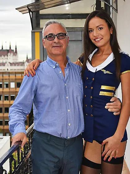 Naughty slut in stewardess suit takes old disciple's cock in her