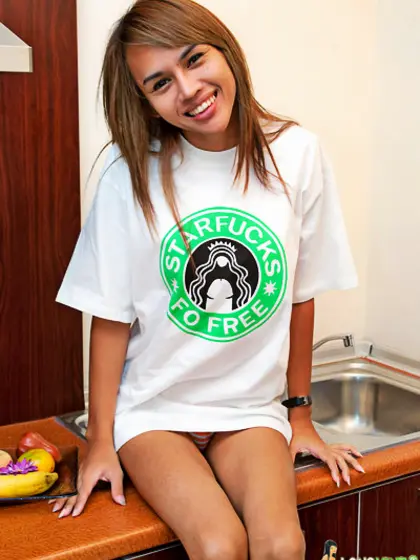 Asian shemale waitress serves house speciality