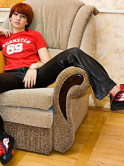 Cute redhead teen Red Maggie takes off her red fishnets and toys