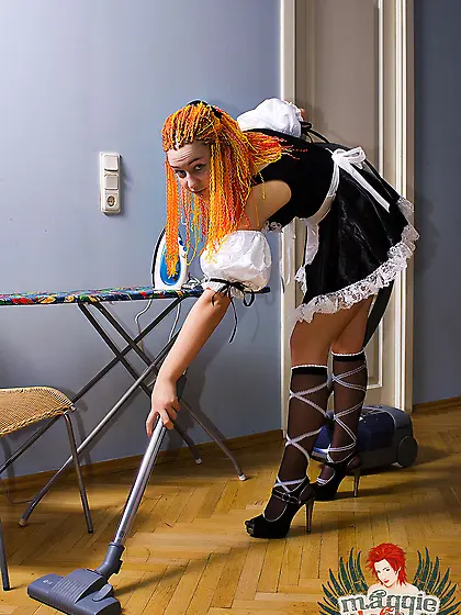 Hot teen gal Red Maggie takes off her slutty uniform and teases